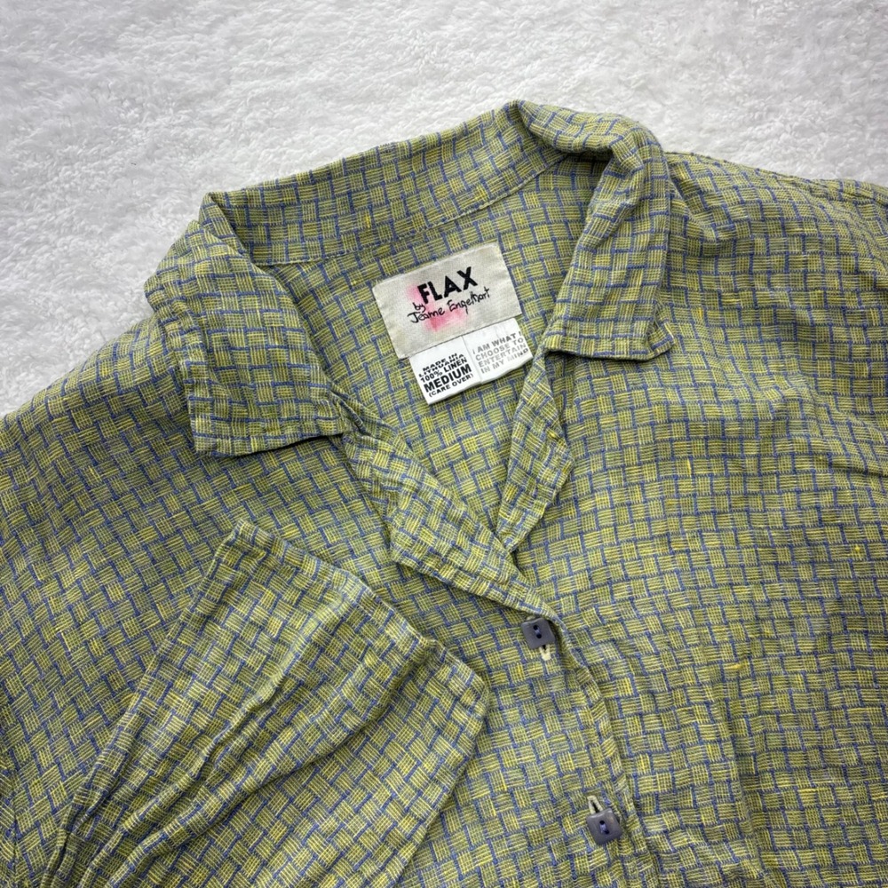 FLAX by Jeanne Engelhart Green Blue Linen Basketweave Button Down Shirt Medium